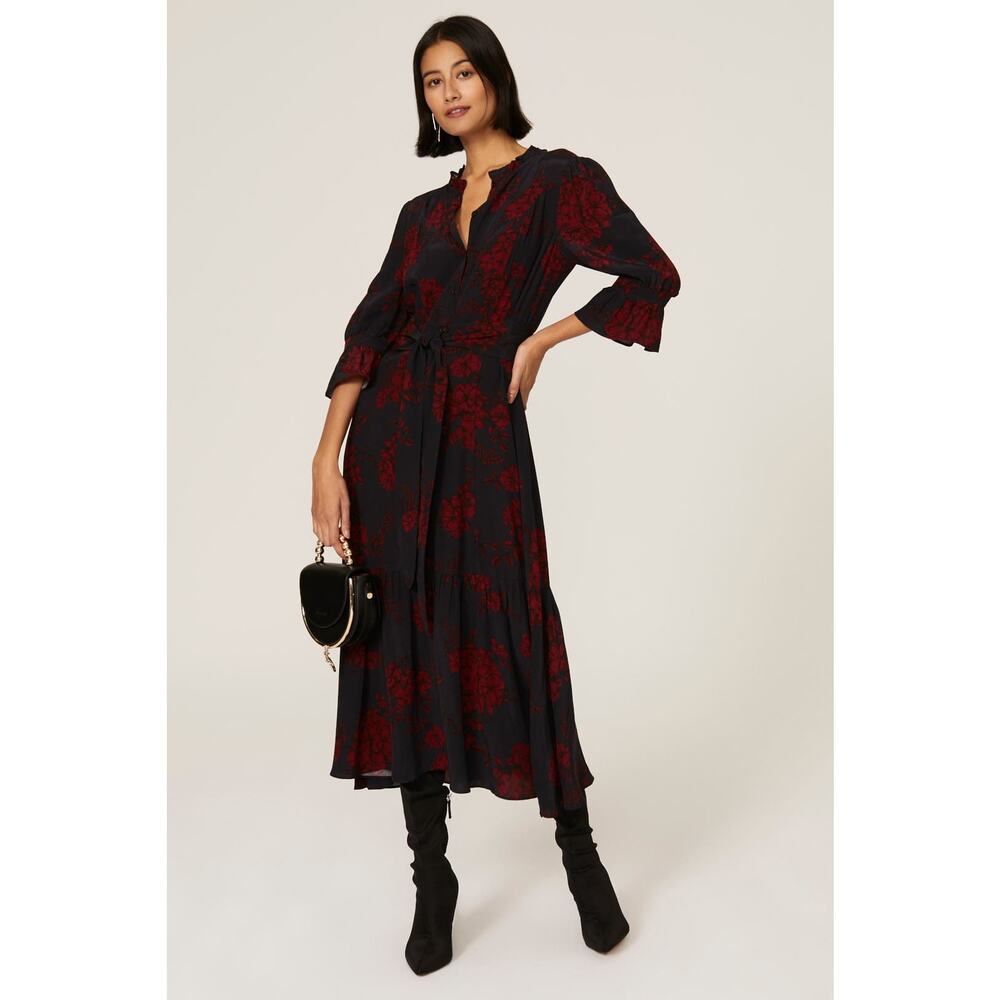 Marissa Webb Collective Navy Red Floral Print Belted Button Front Shirt Dress